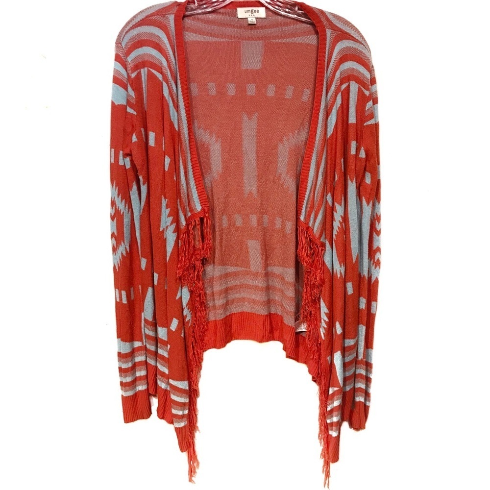 Umgee orange tribal print fringed cardigan medium‎